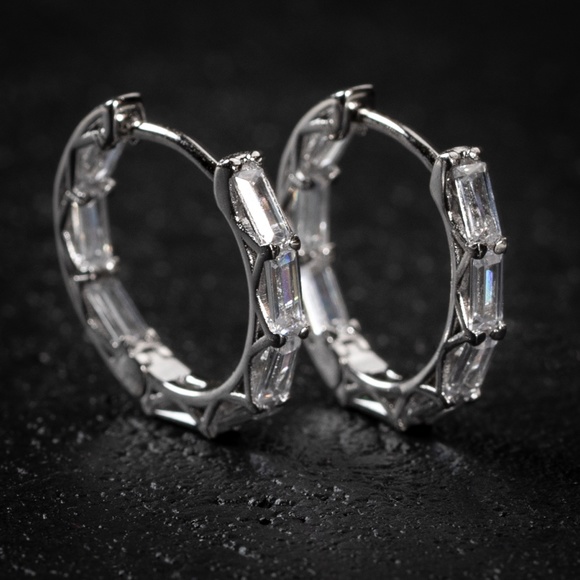 Mens Thin Baguette Skinny Huggie Hoop Earrings - Picture 2 of 4